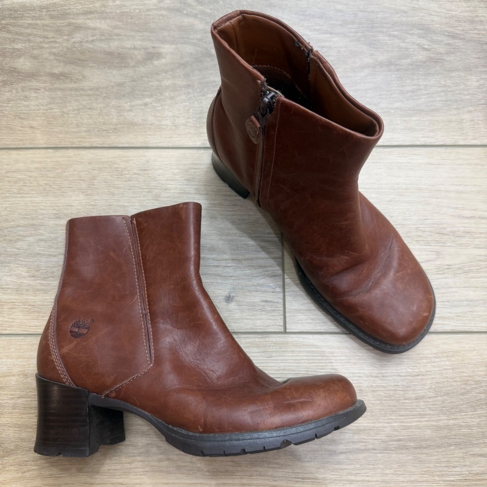 Timberland Brown Leather Side Zip Block Heel Ankle Boots 62318‎ Womens 7.5M